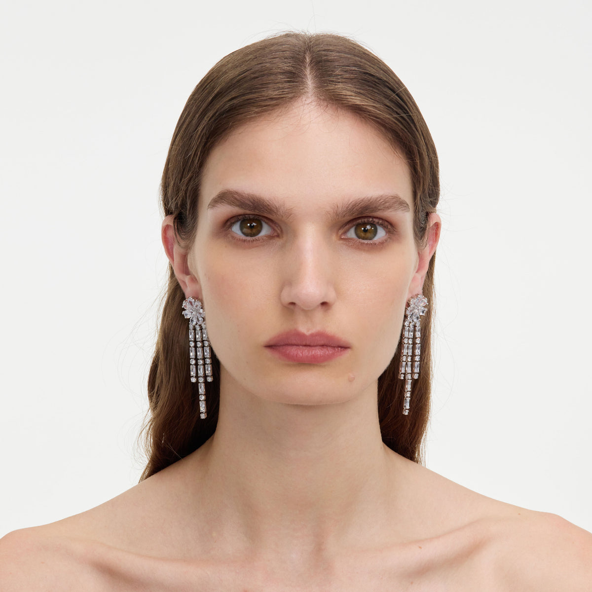 Silver Crystal Flower Droplet Earrings