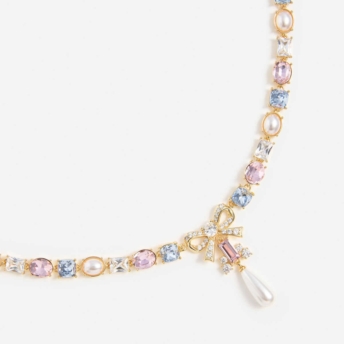 Gold Multi Crystal Bow Droplet Necklace
