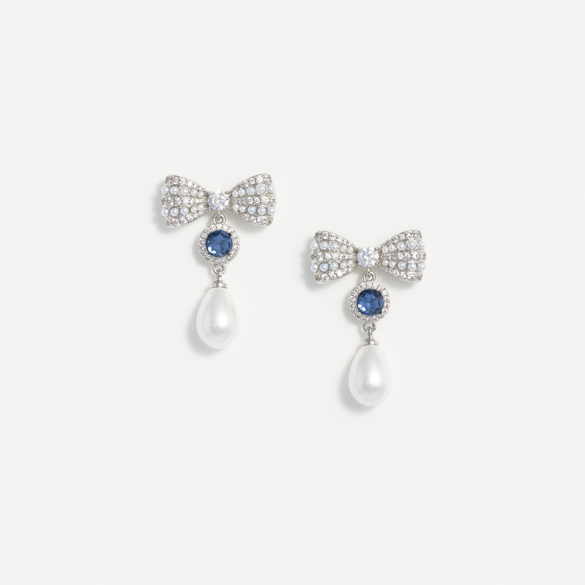 Silver Crystal Bow Blue Pearl Droplet Earrings
