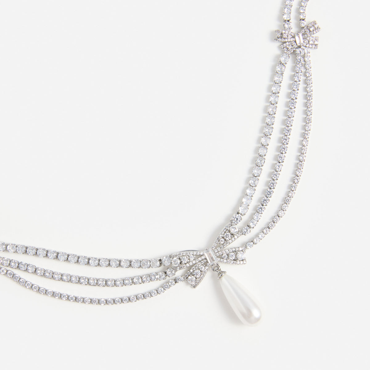 Silver Crystal Bow Pearl Droplet Tiered Necklace