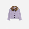 Purple Cable Knit Printed Fur Collar Cardigan