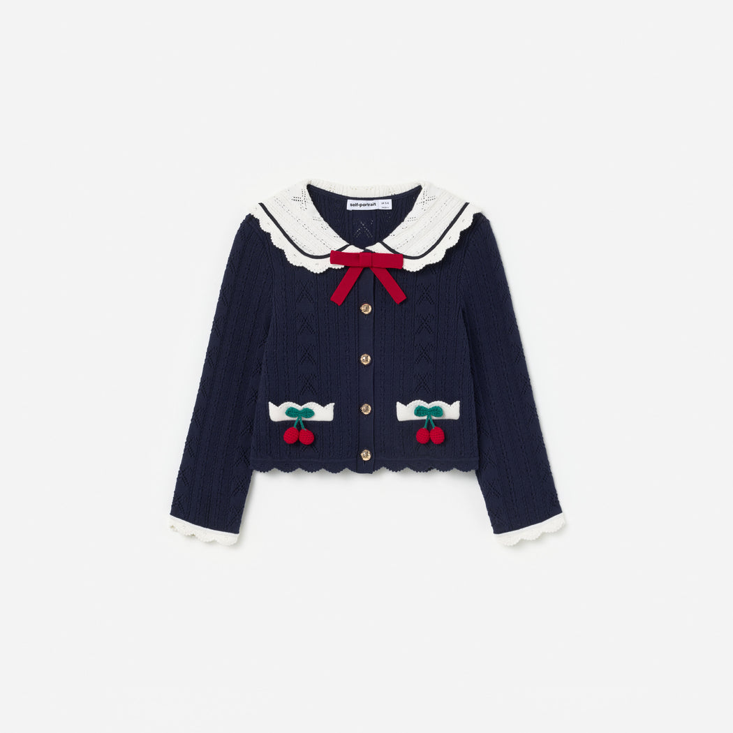 Navy Pointelle Knit Cherry Cardigan