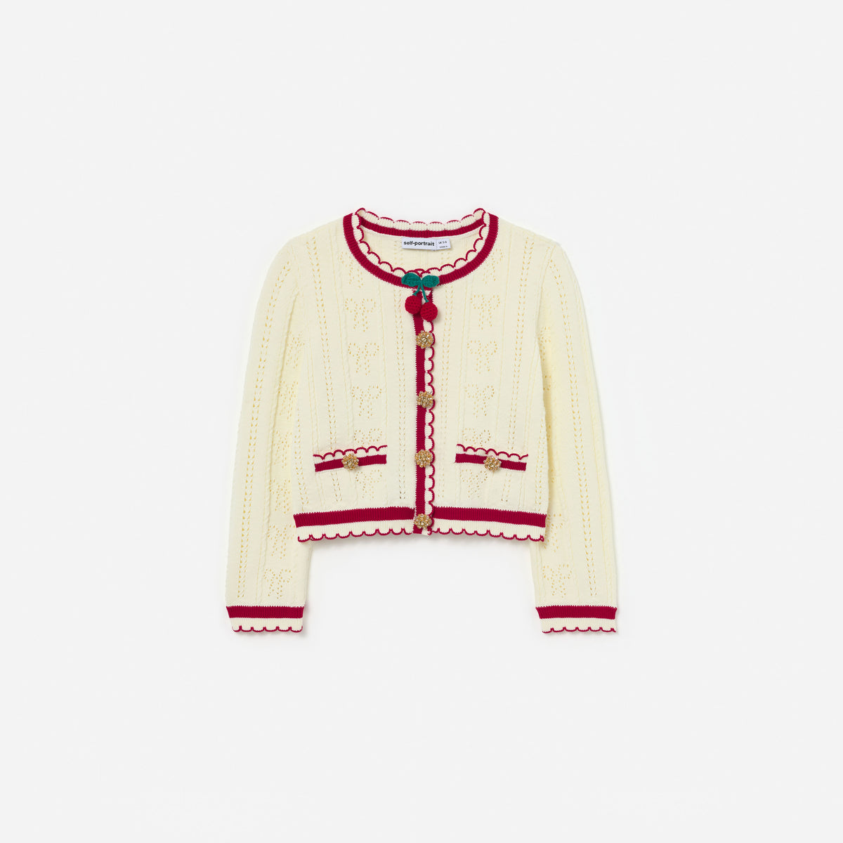 Cream Pointelle Knit Stripe Cherry Cardigan
