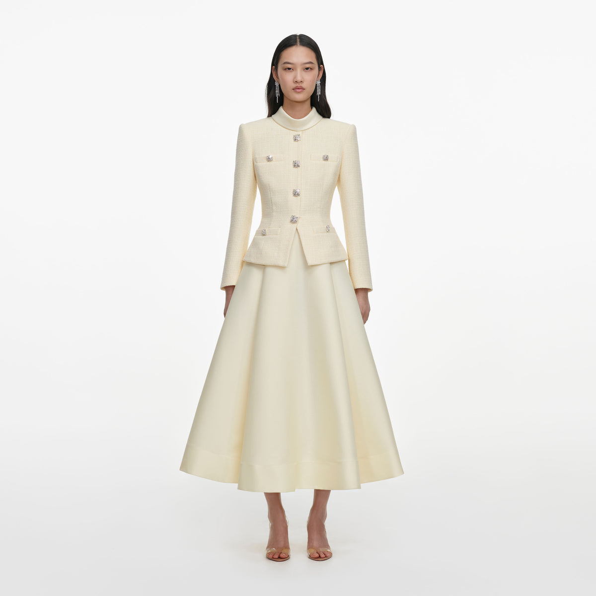 Front view of a woman wearing the Yellow Boucle And Taffeta Midi Dress