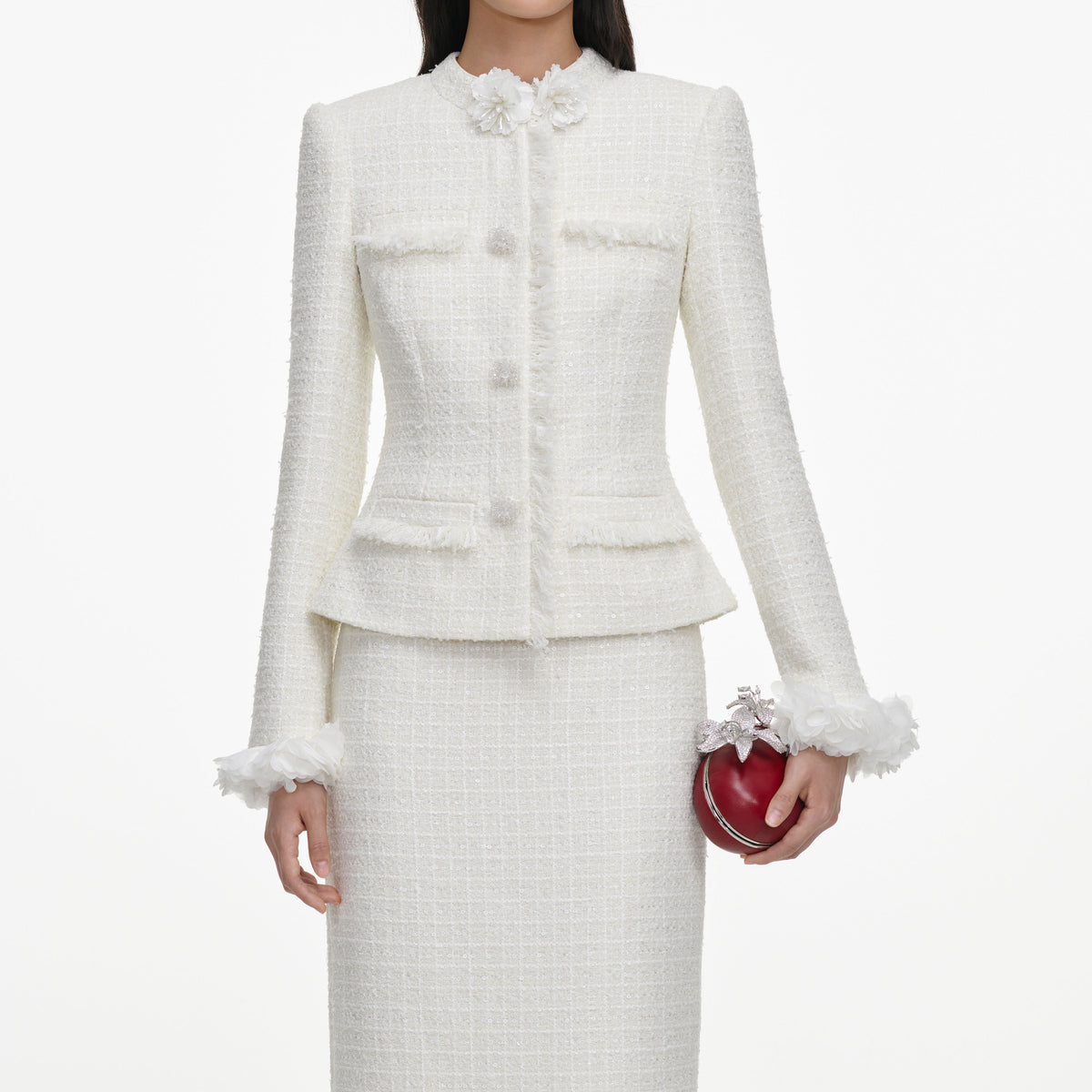 Cream Boucle Flower Midi Dress