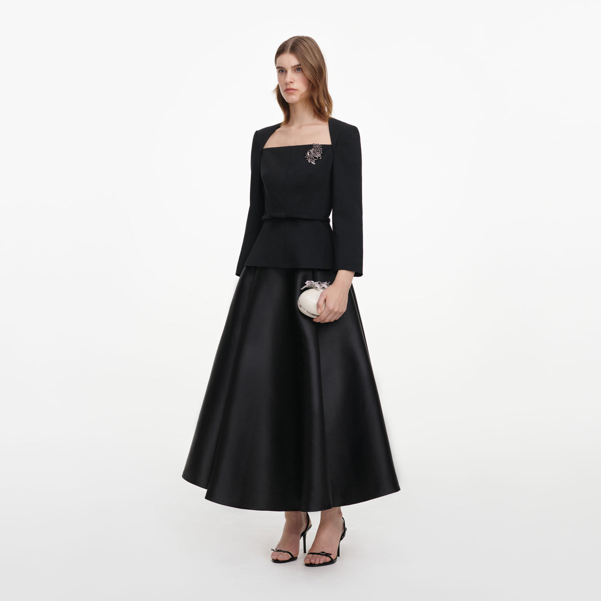Black Taffeta Brooch Midi Dress