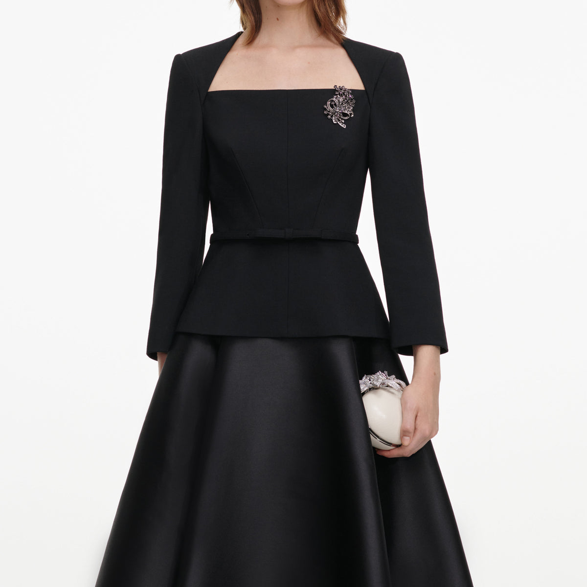 Black Taffeta Brooch Midi Dress