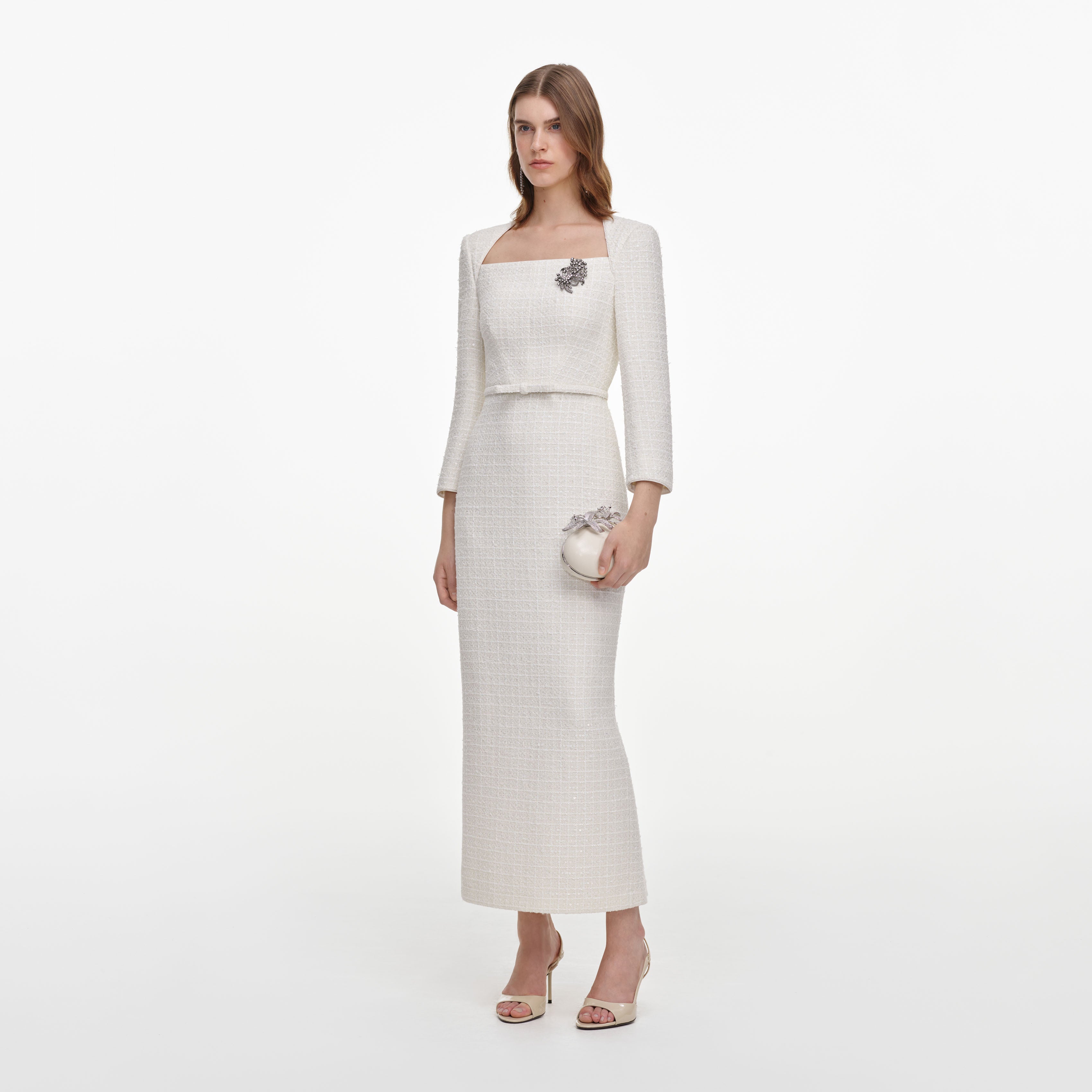 Cream Tailored Boucle Brooch Midi Dress
