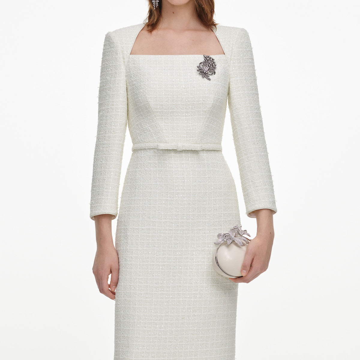 Cream Tailored Boucle Brooch Midi Dress