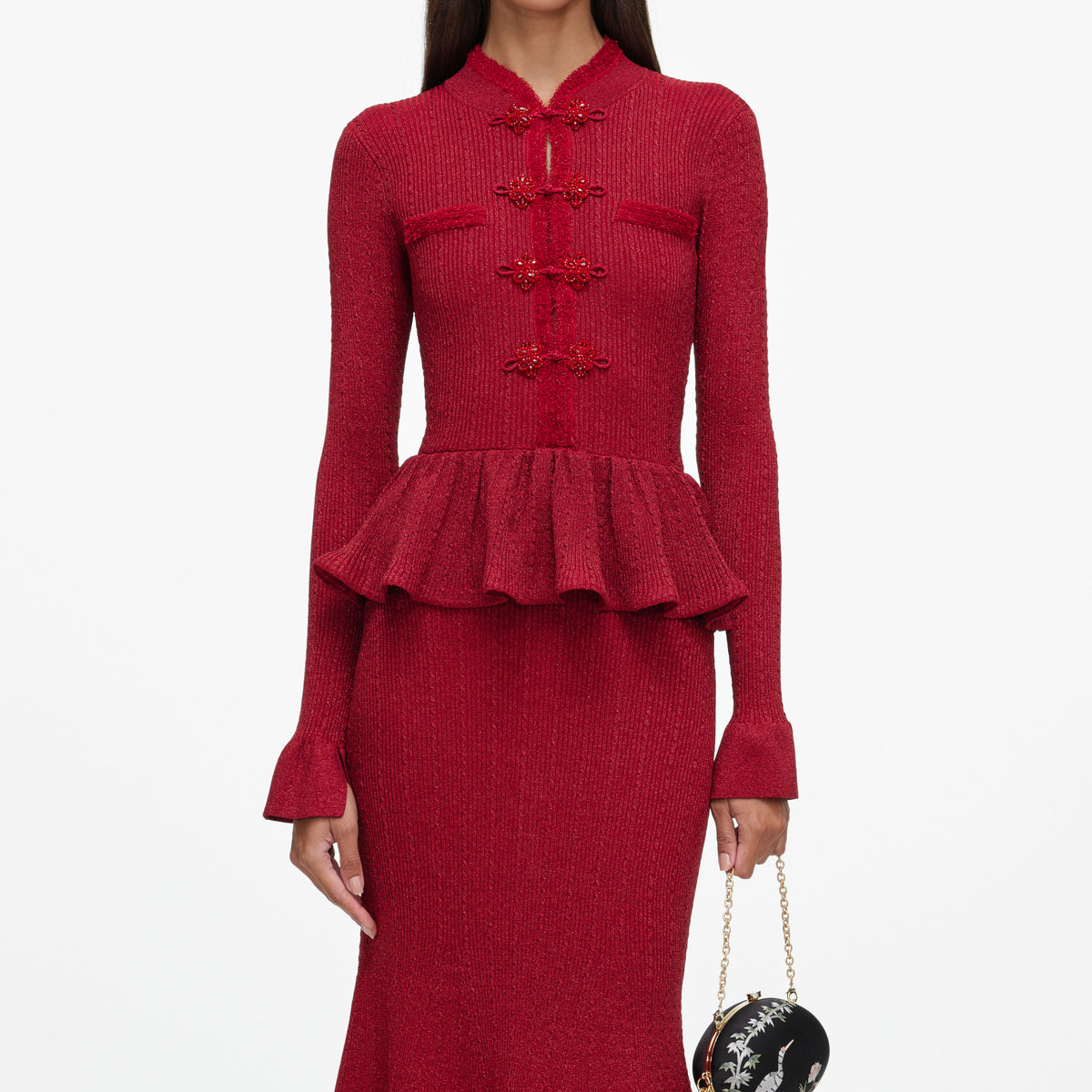 Red Metallic Peplum Knit Midi Dress