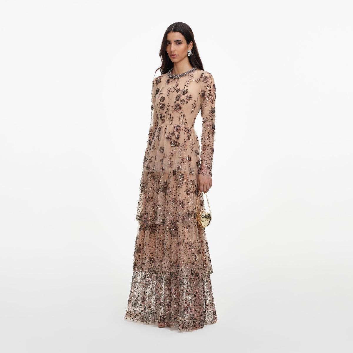 Beige Sequin Embellished Tiered Maxi Dress