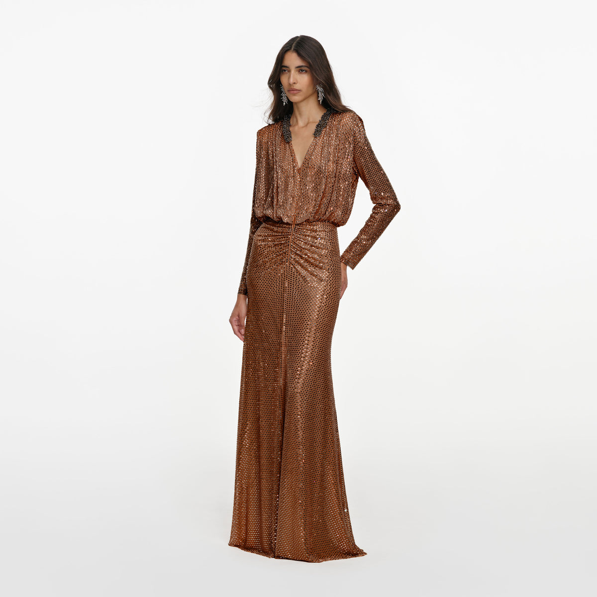 Bronze Rhinestone Embellished Maxi Dress