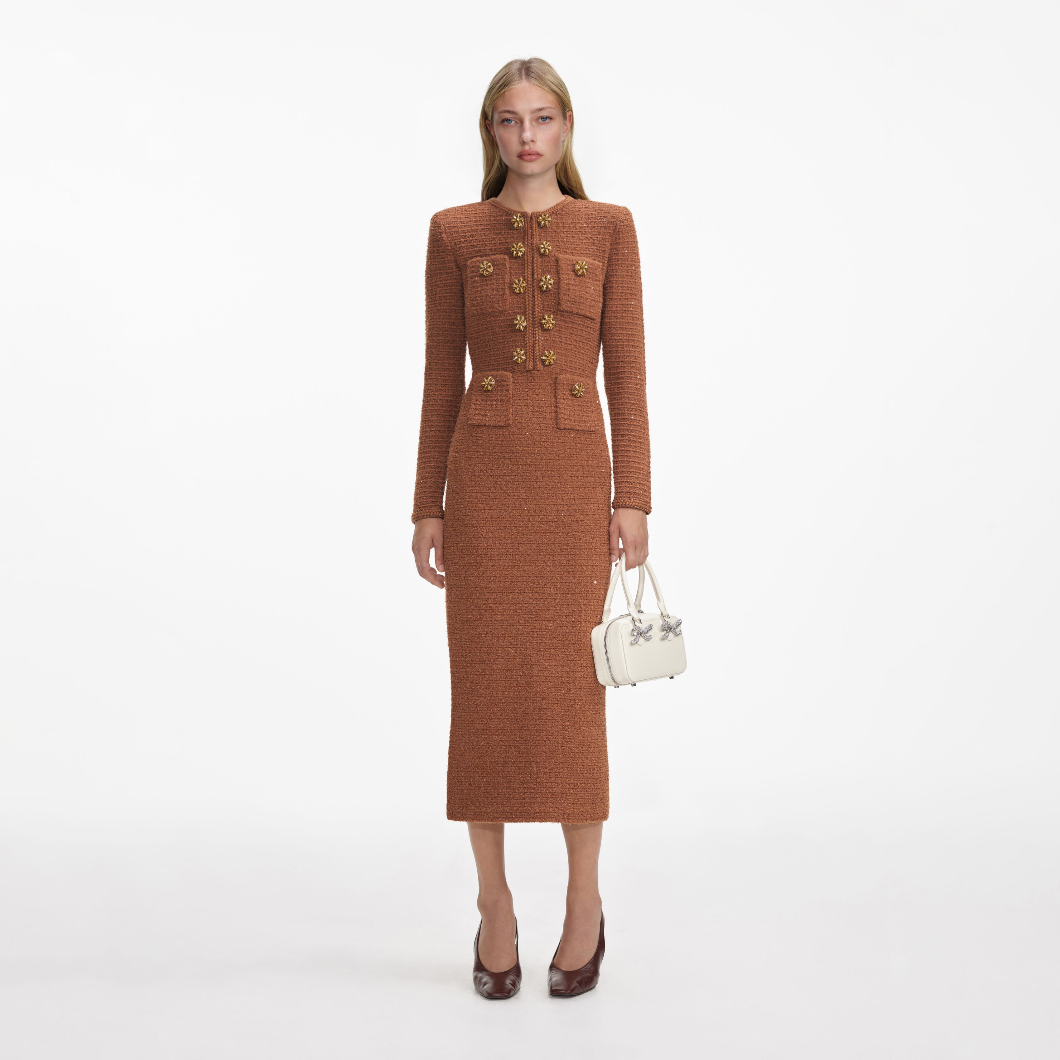 Brown Textured Knit Midi Dress