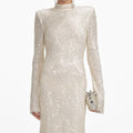 크림 스퀘어 라인스톤 피쉬넷 미디 드레스