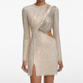 Champagne Rhinestone Lace Trim Mini Dress