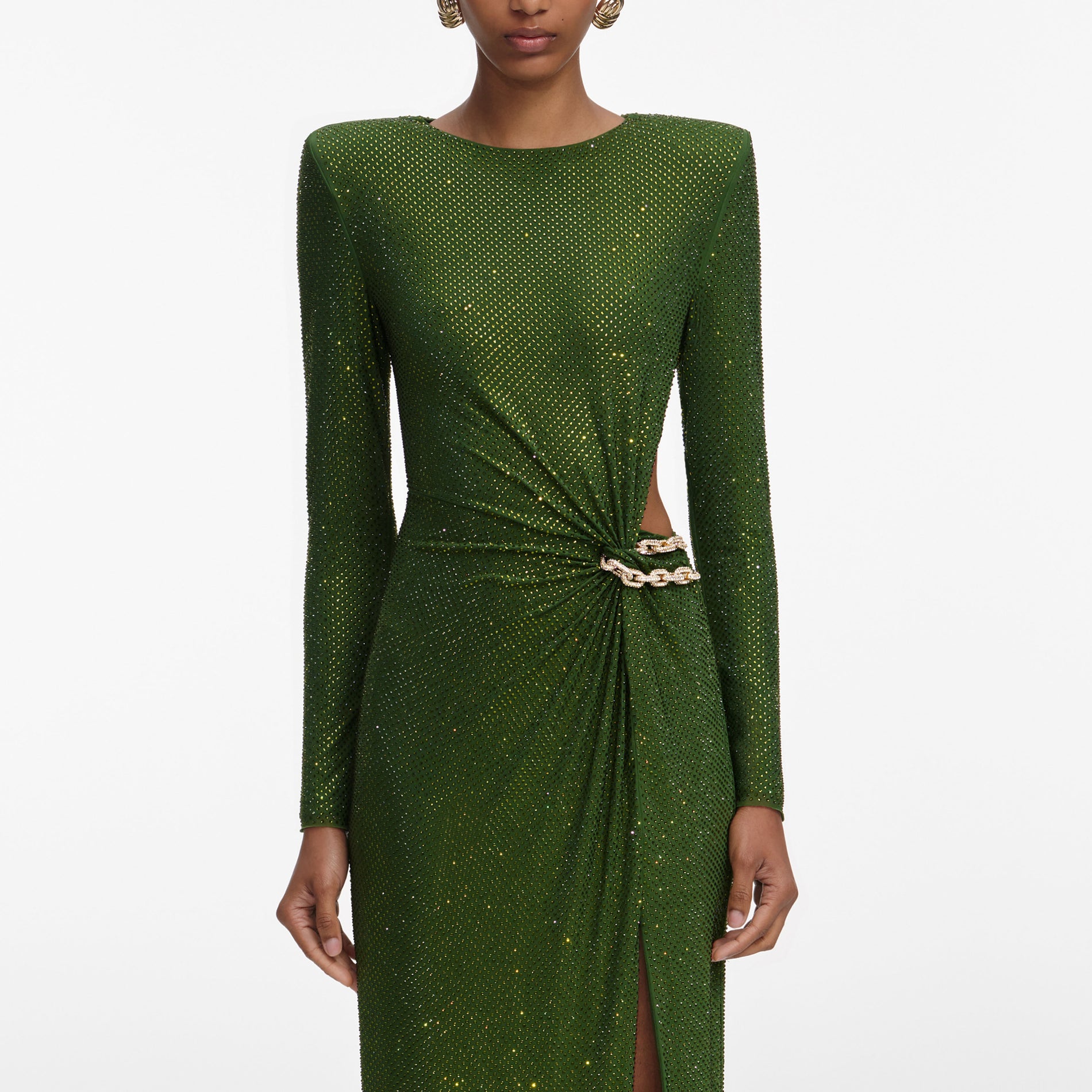 A close up of a woman wearing the Olive Rhinestone Embellished Maxi Dress