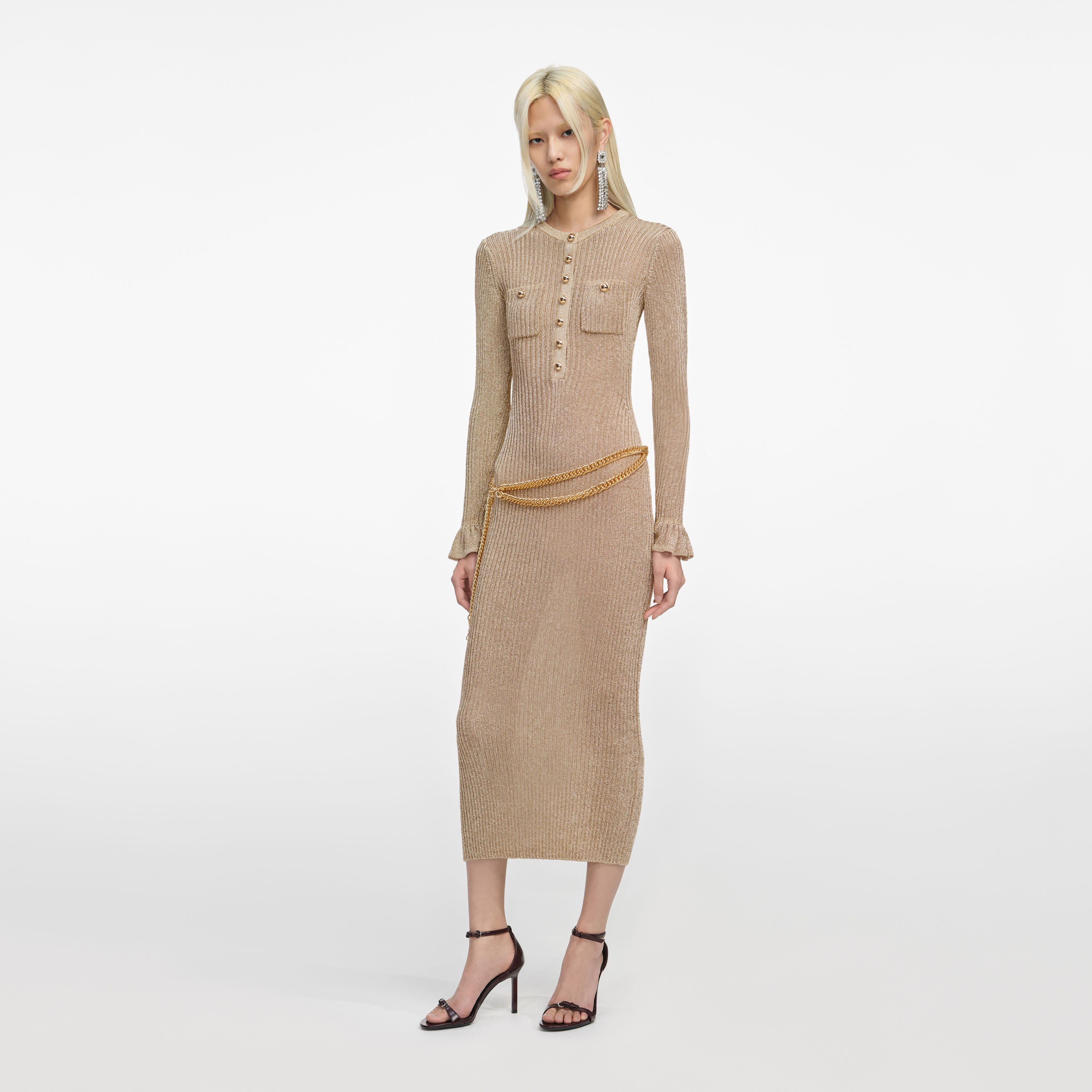 Gold Lurex Ribbed Knit Midi Dress