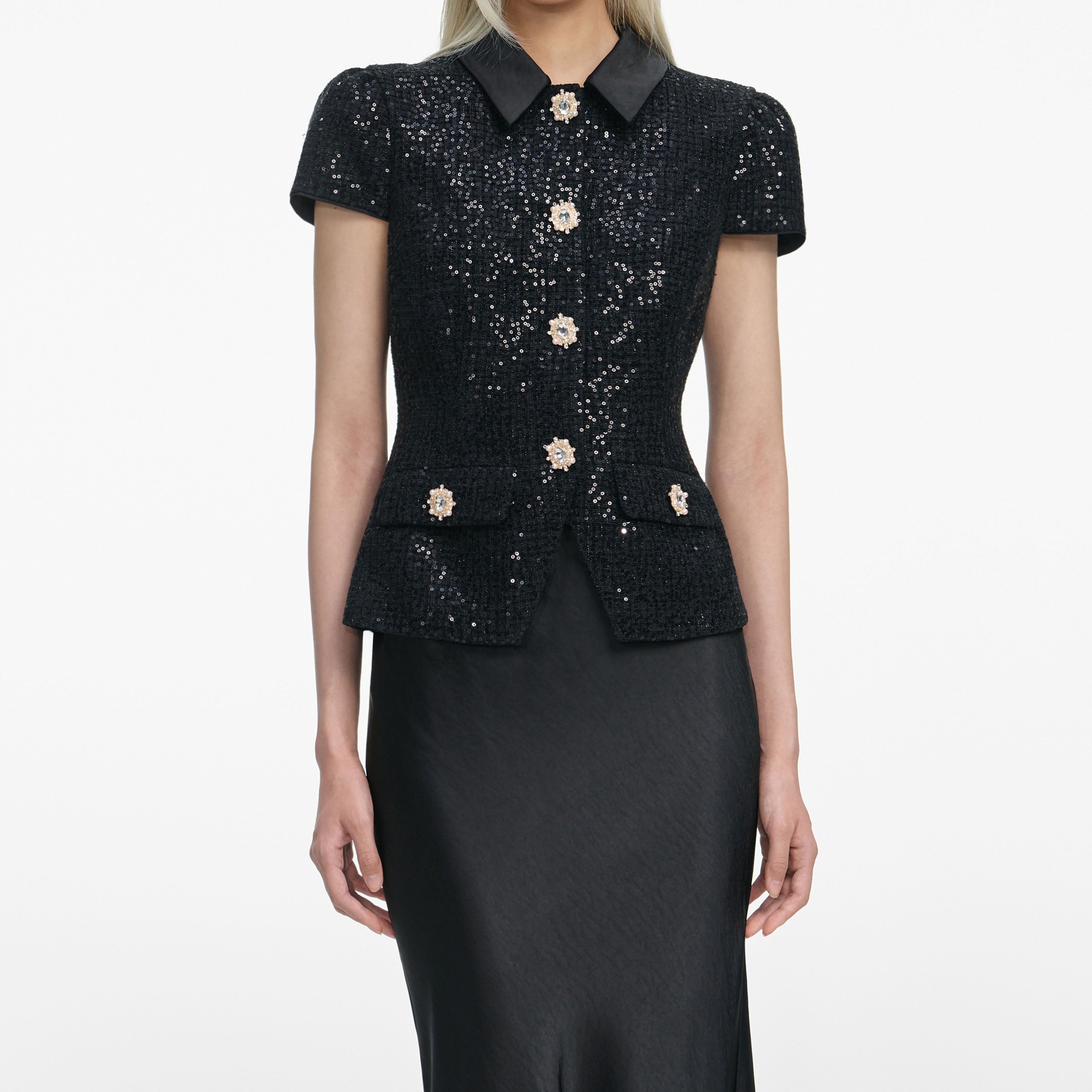 Black Sequin Boucle Satin Maxi Dress