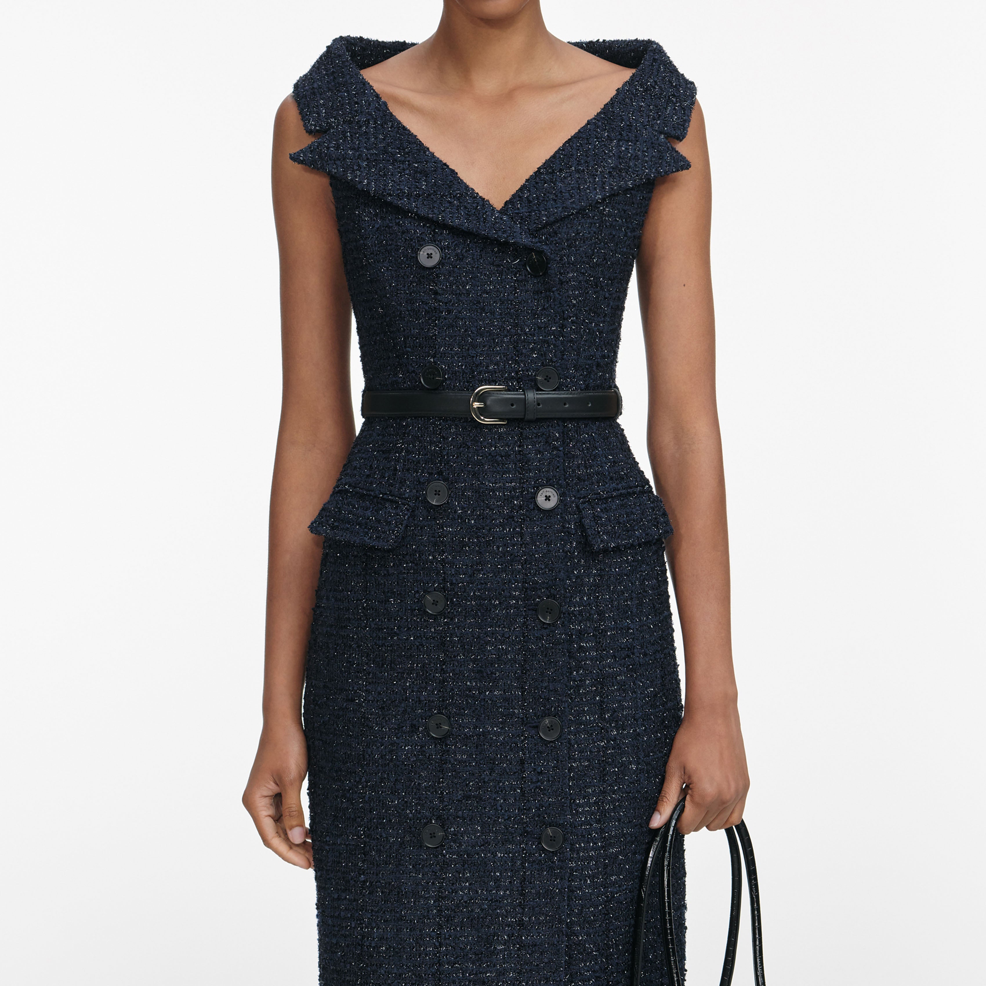 Navy Boucle Midi Dress