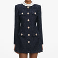 Navy Boucle Long Sleeve Mini Dress
