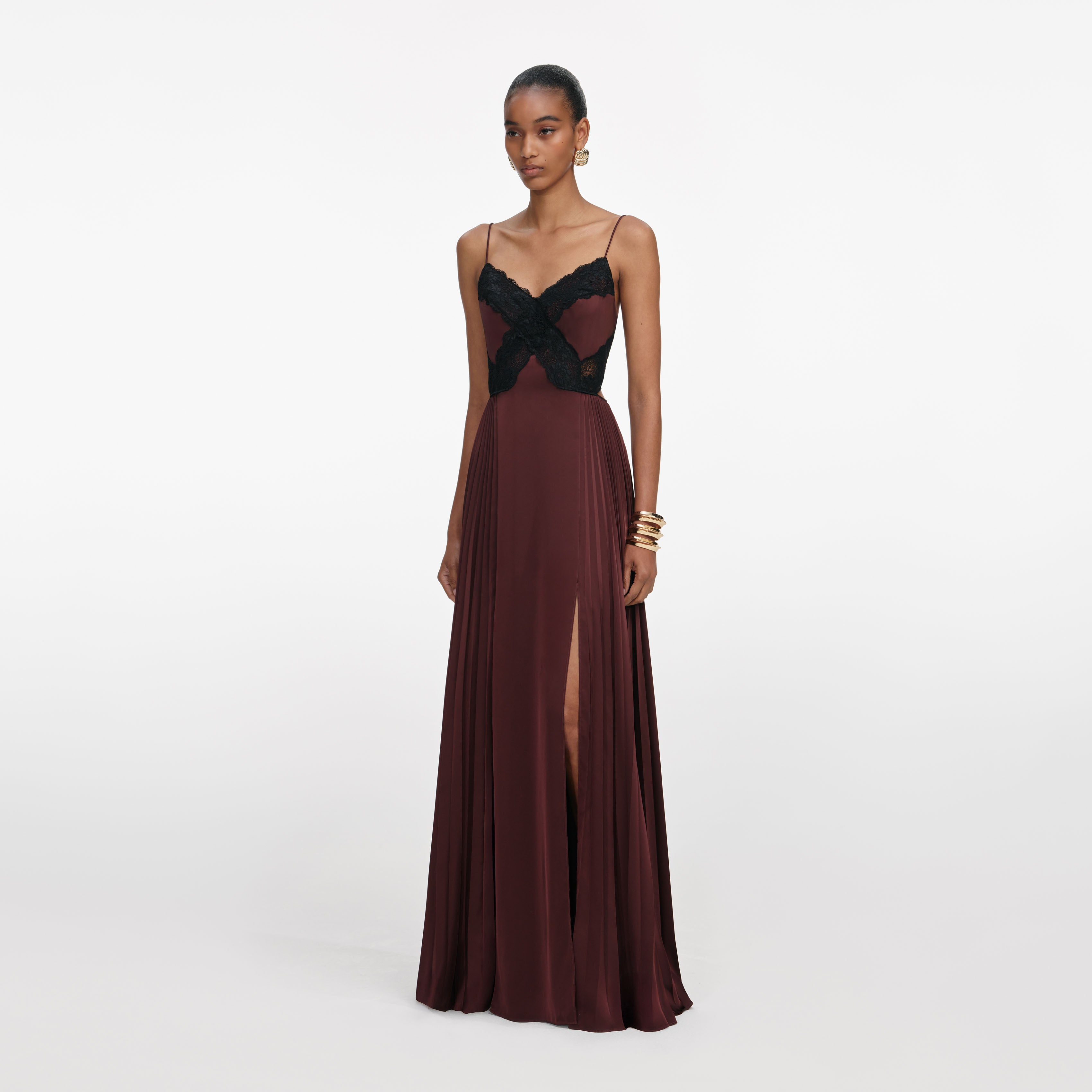Brown Satin Lace Maxi Dress