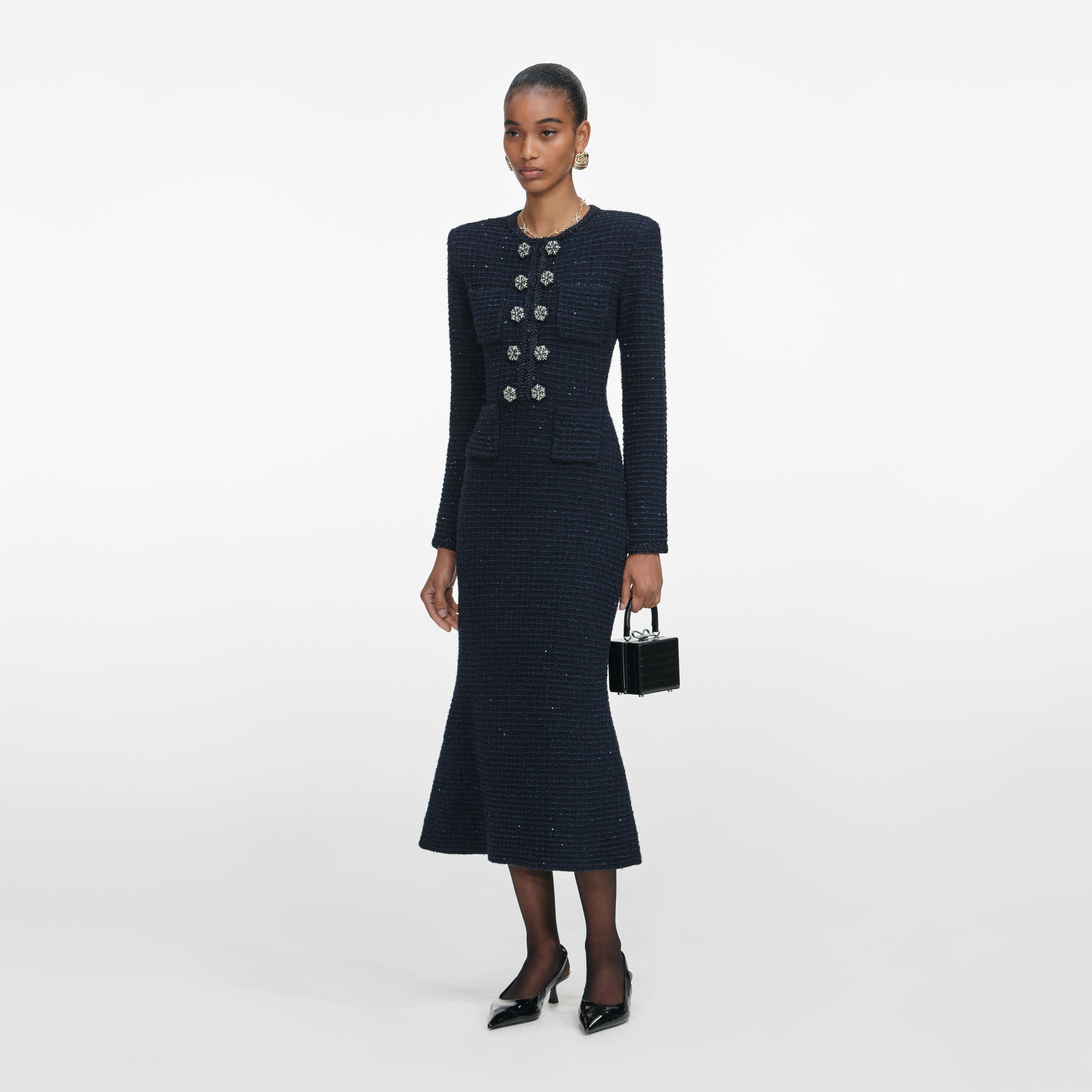 Navy Textured Knit Midi Dress