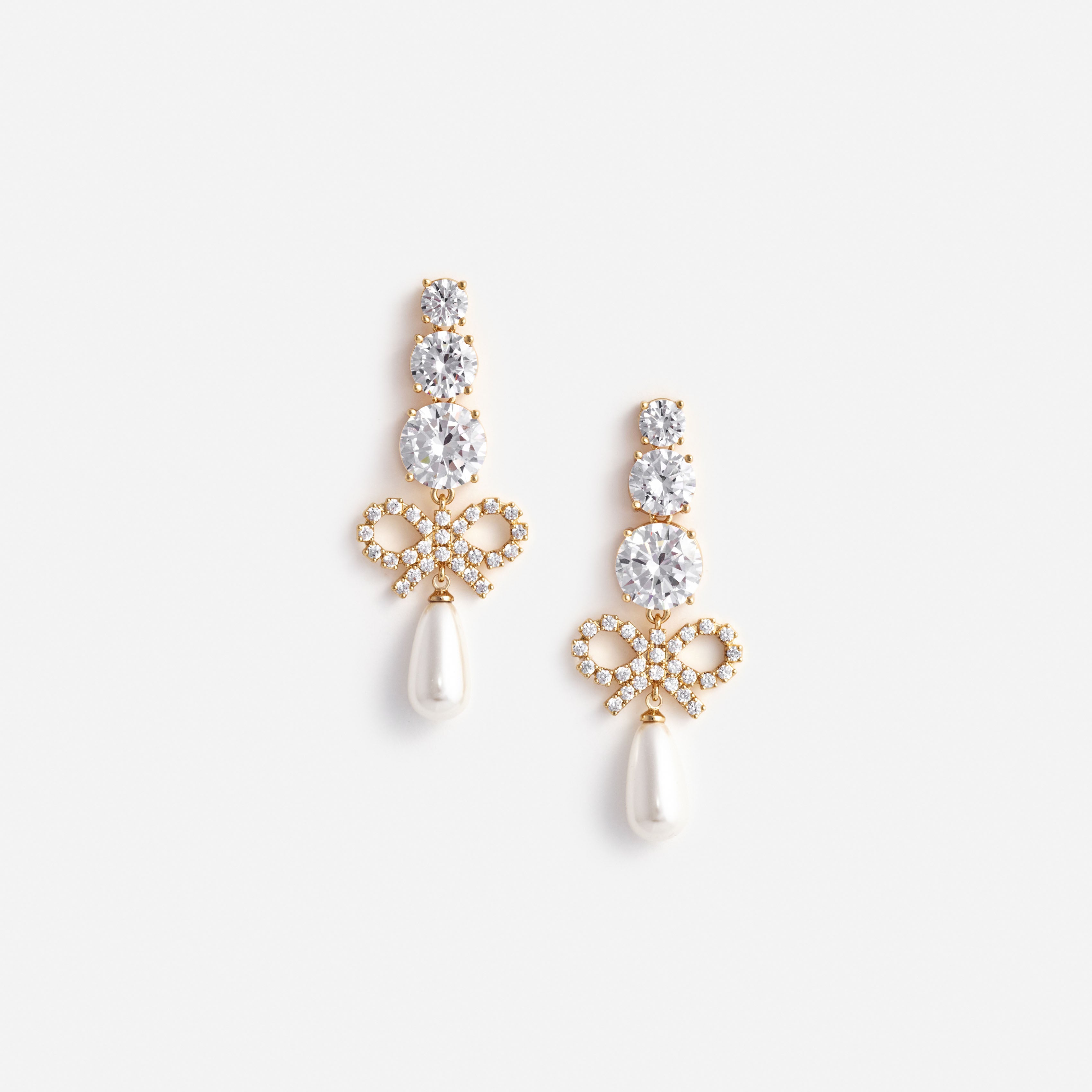 Gold Crystal Bow Pearl Earrings