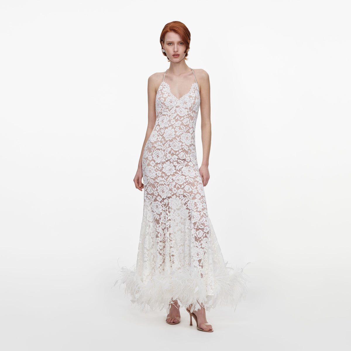 White Fine Lace Feather Maxi Dress