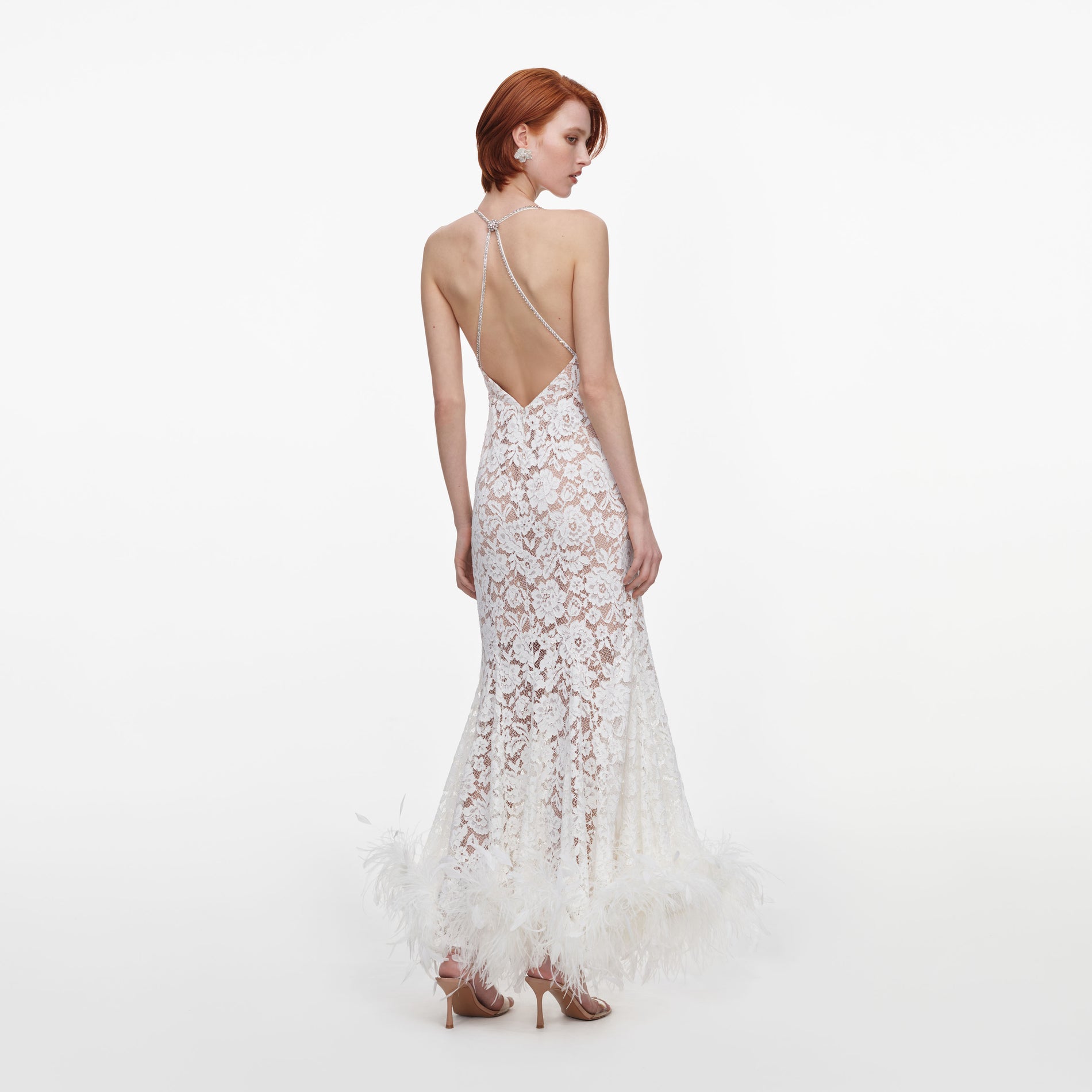 White Fine Lace Feather Maxi Dress