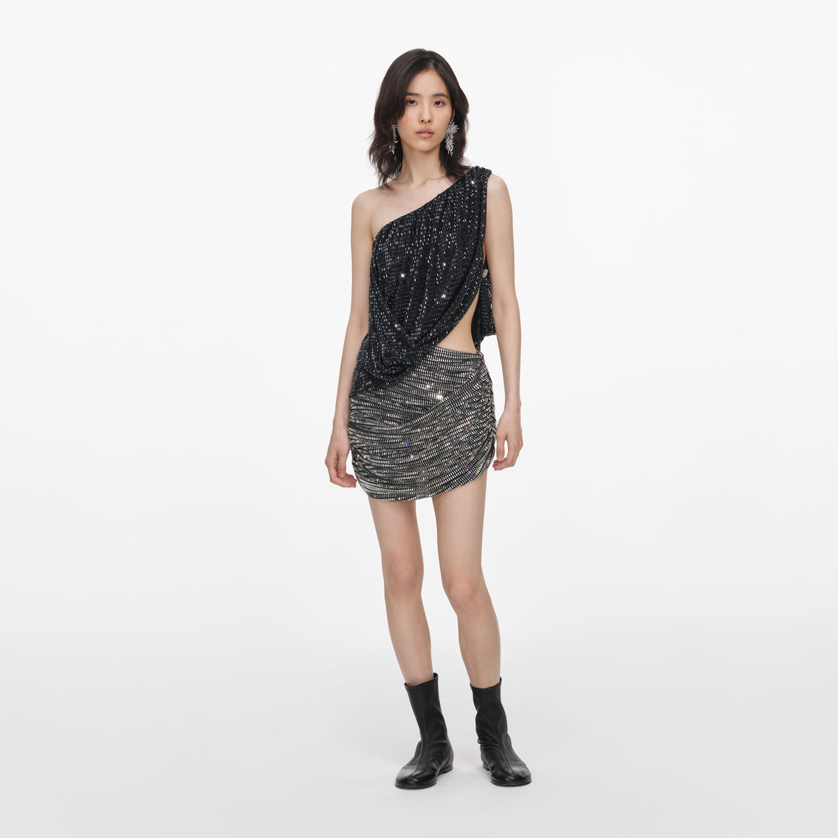 Black Rhinestone One Shoulder Drape Top