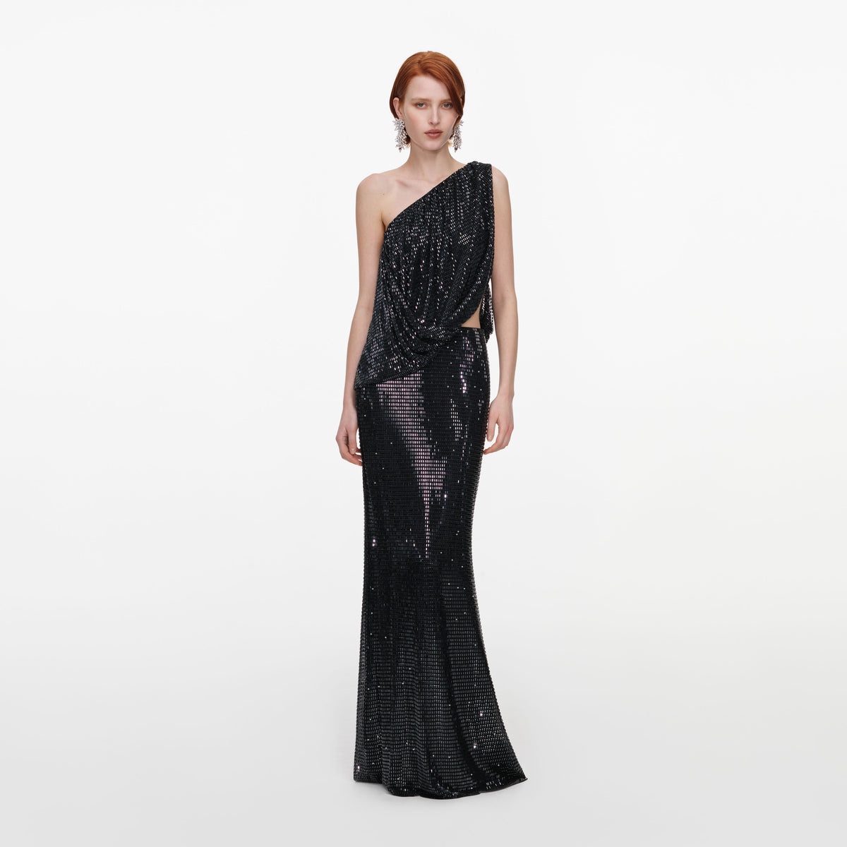 Black Rhinestone One Shoulder Drape Maxi Dress