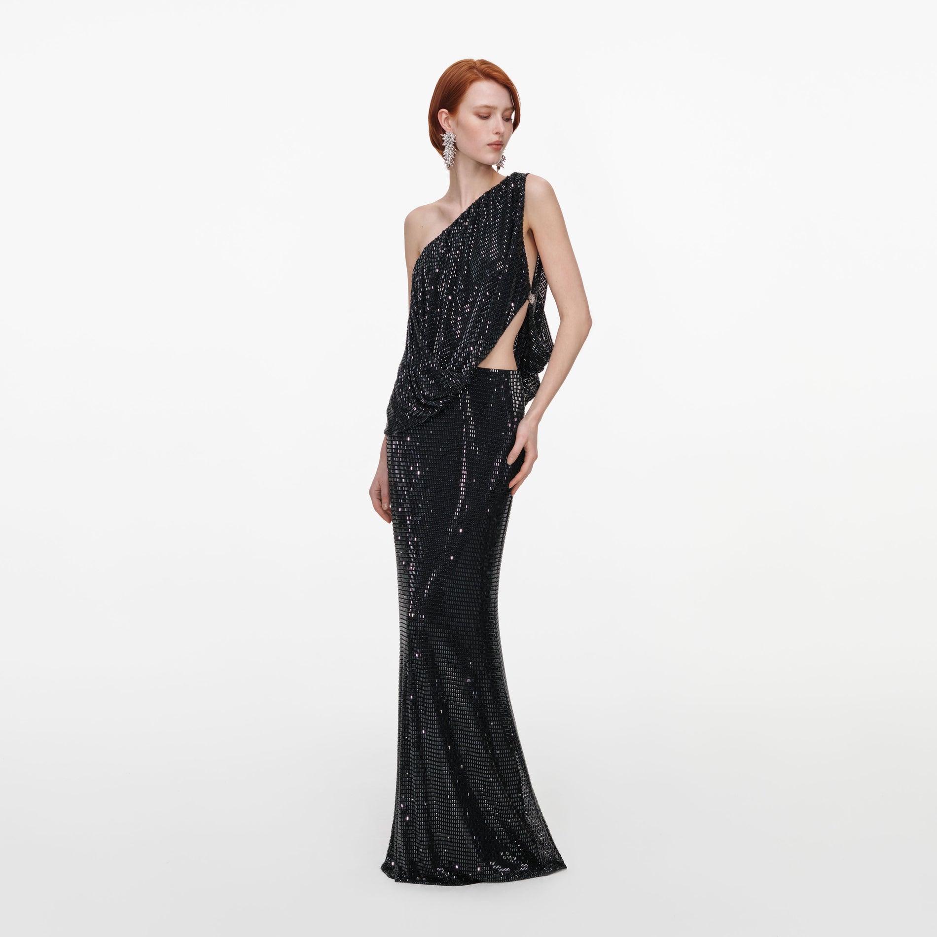 Black Rhinestone One Shoulder Drape Maxi Dress