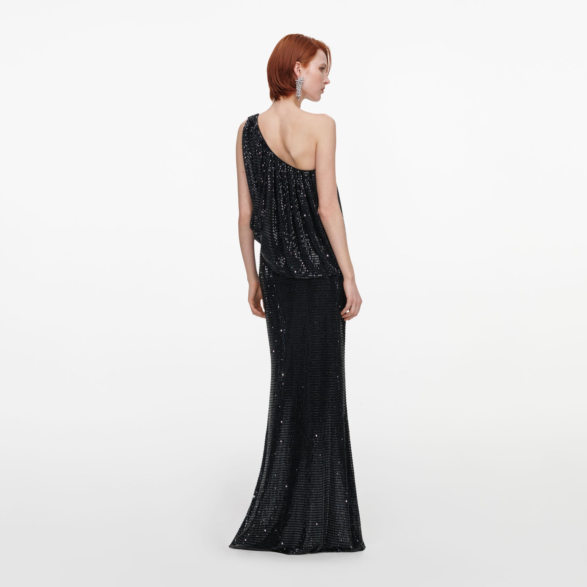Black Rhinestone One Shoulder Drape Maxi Dress