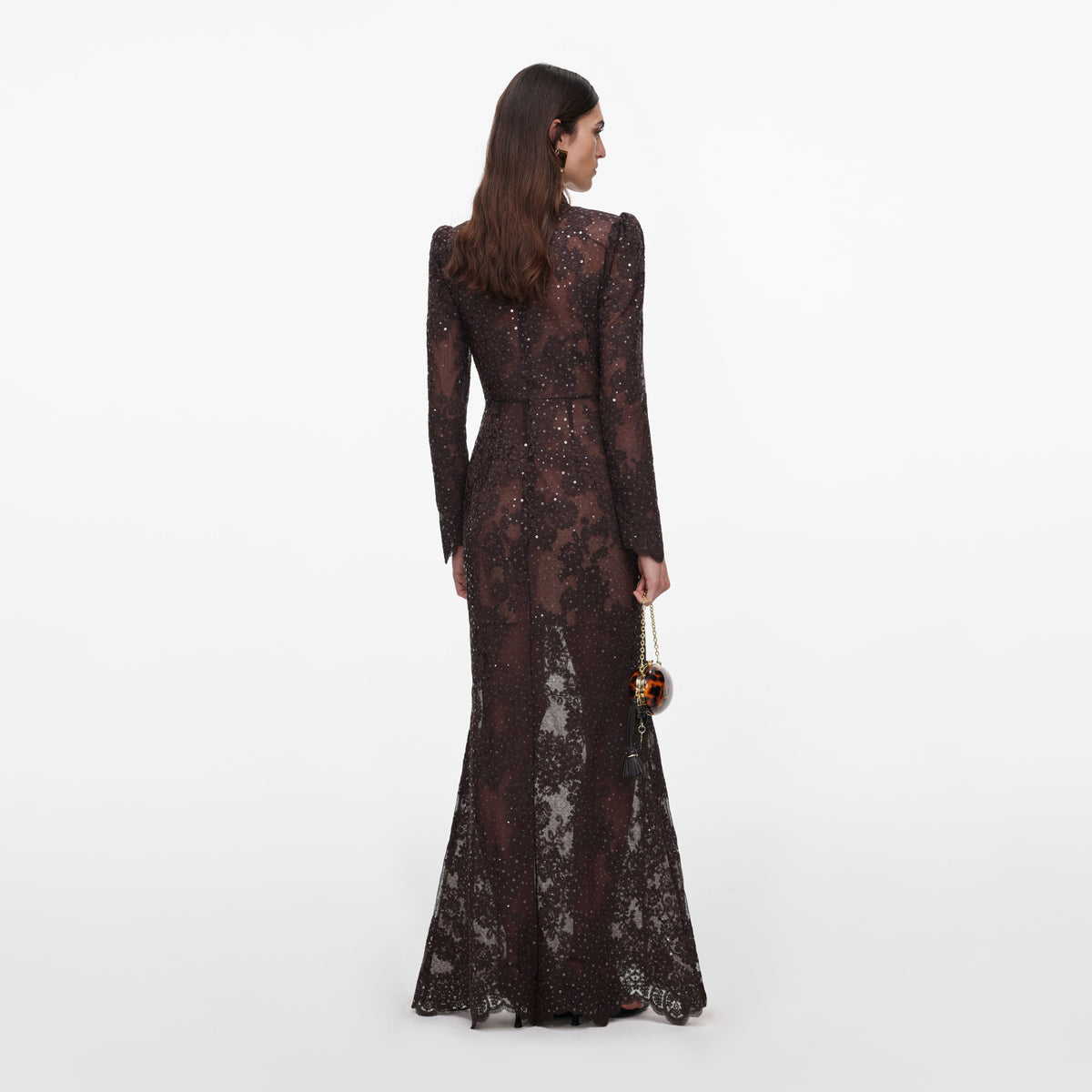 Back view of a woman wearing the Brown Sequin Lace Maxi Dress