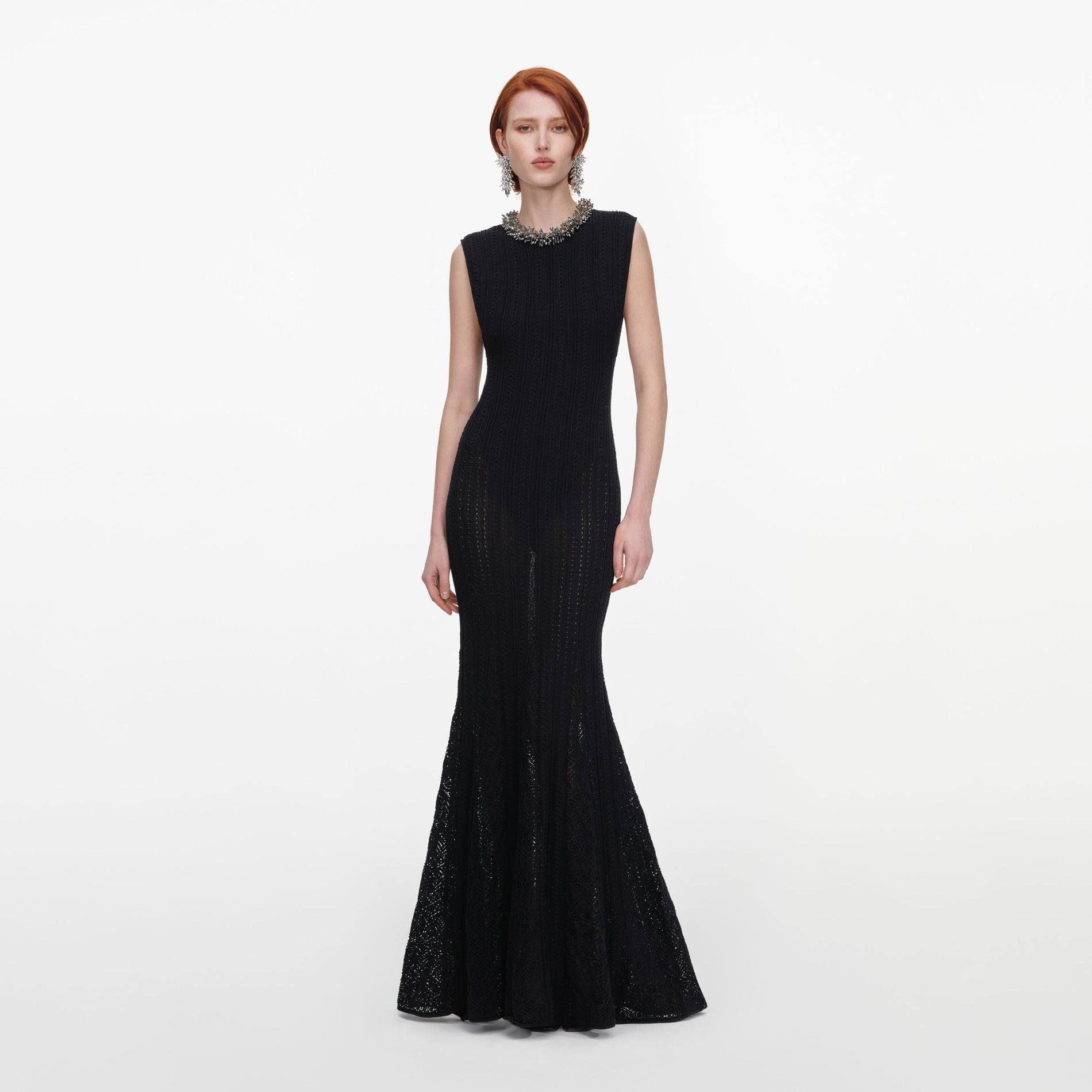 Black Beaded Pointelle Knit Maxi Dress