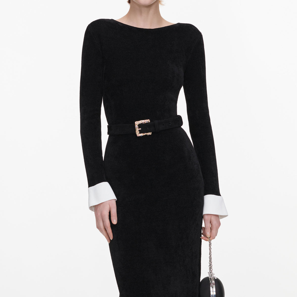 Black Chenille Knit Feather Midi Dress