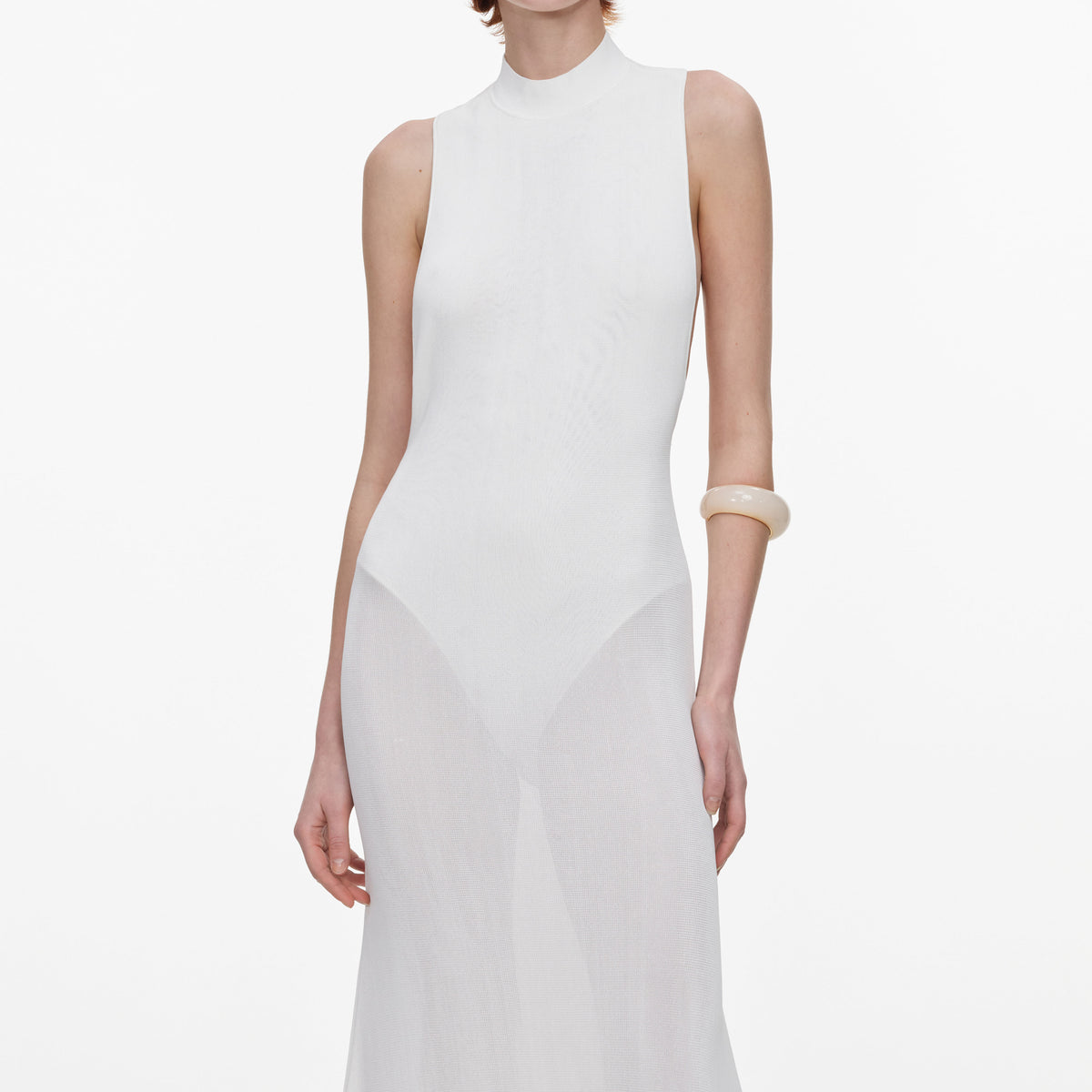 White Racer Back Feather Knit Midi Dress