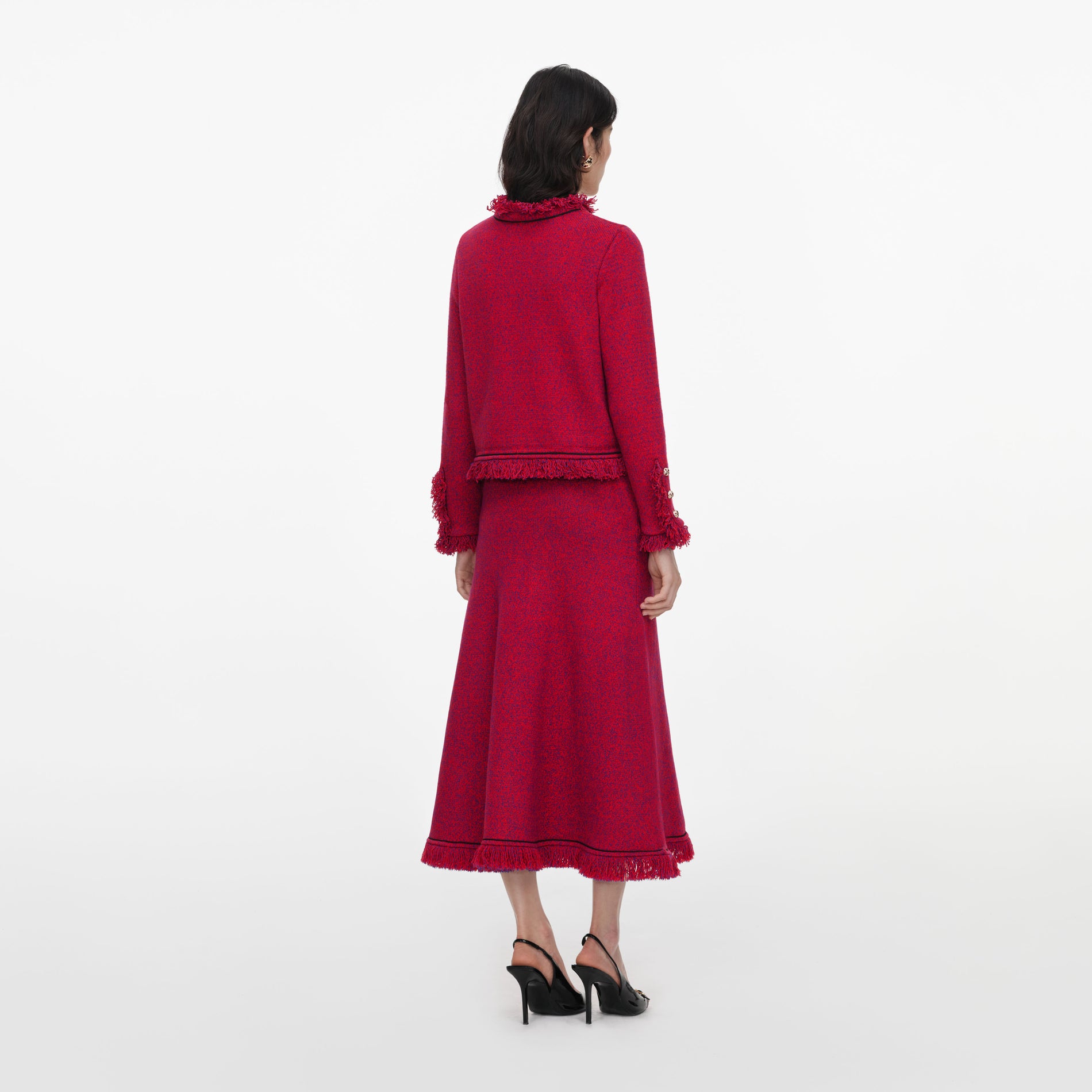 Red Frayed Knit Midi Skirt