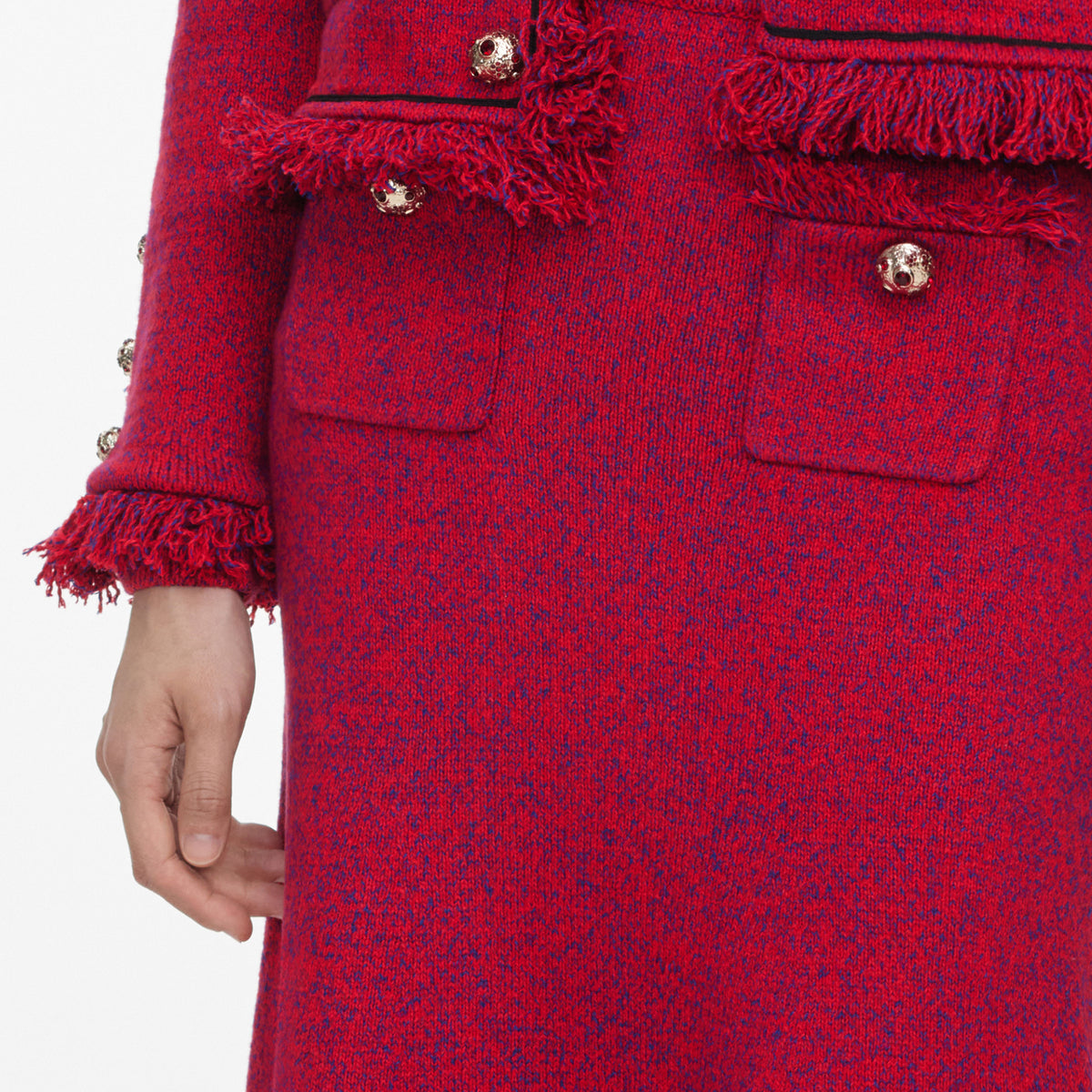 Red Frayed Knit Midi Skirt