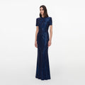 Navy Rhinestone Mesh Twist Maxi Dress