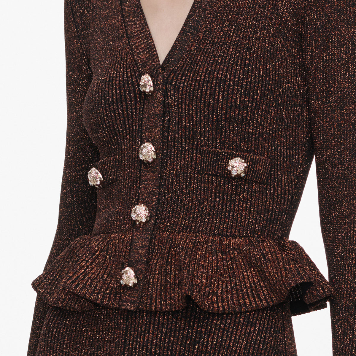 Brown Lurex Peplum Knit Midi Dress