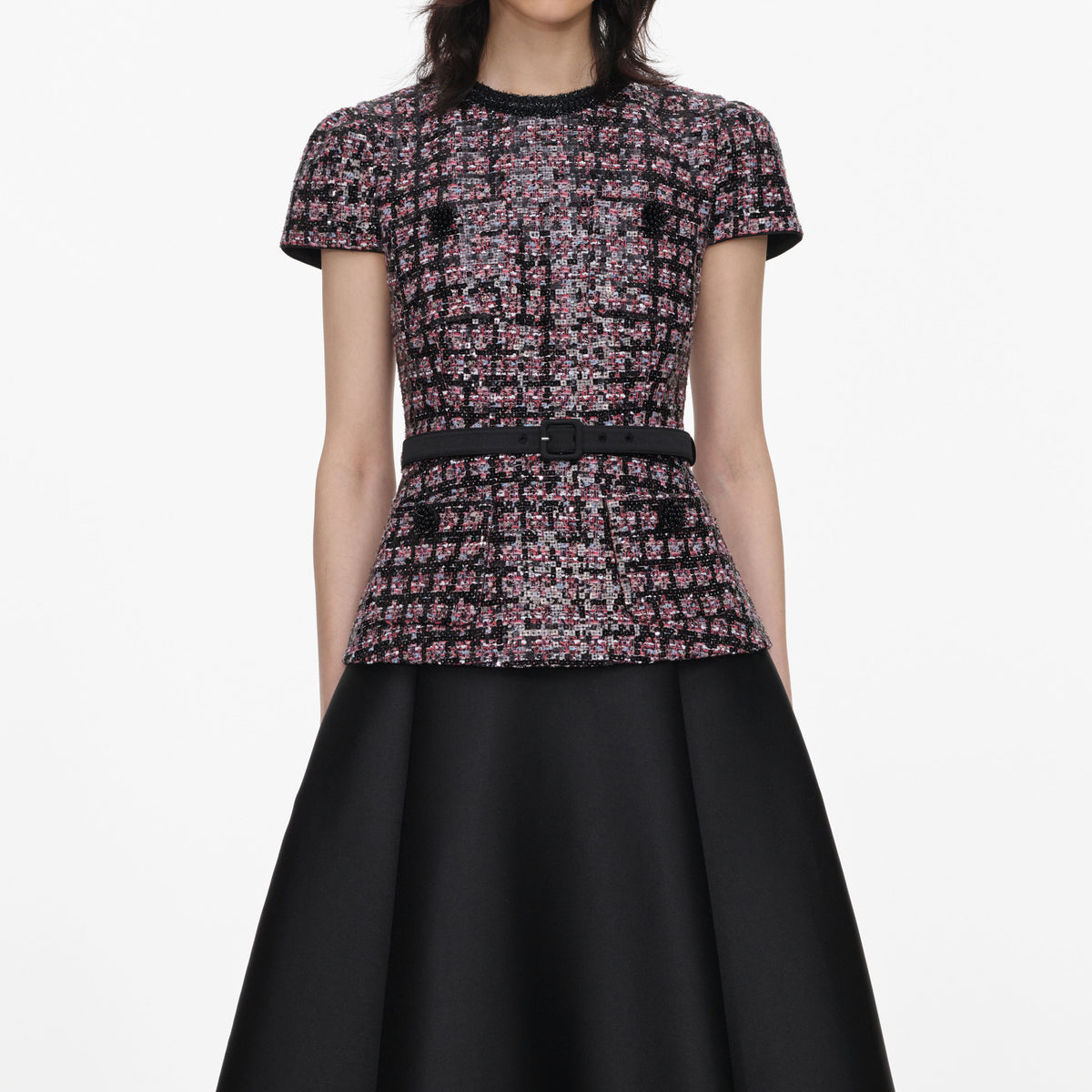Pink and Black Sequin Boucle Midi Dress