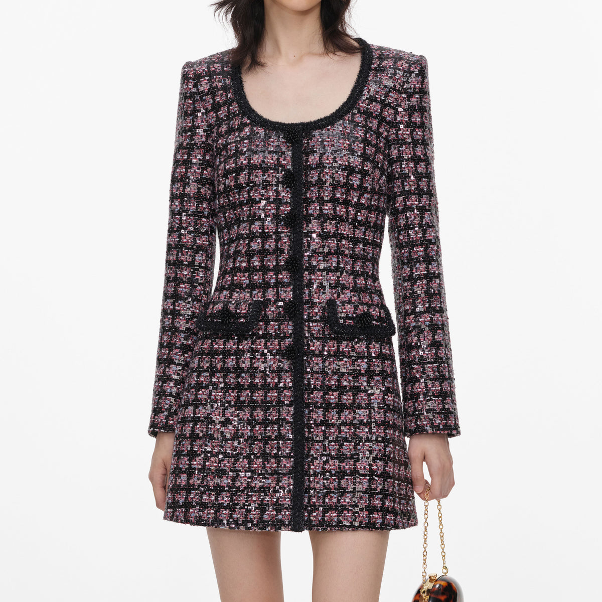 Pink and Black Sequin Boucle Mini Dress