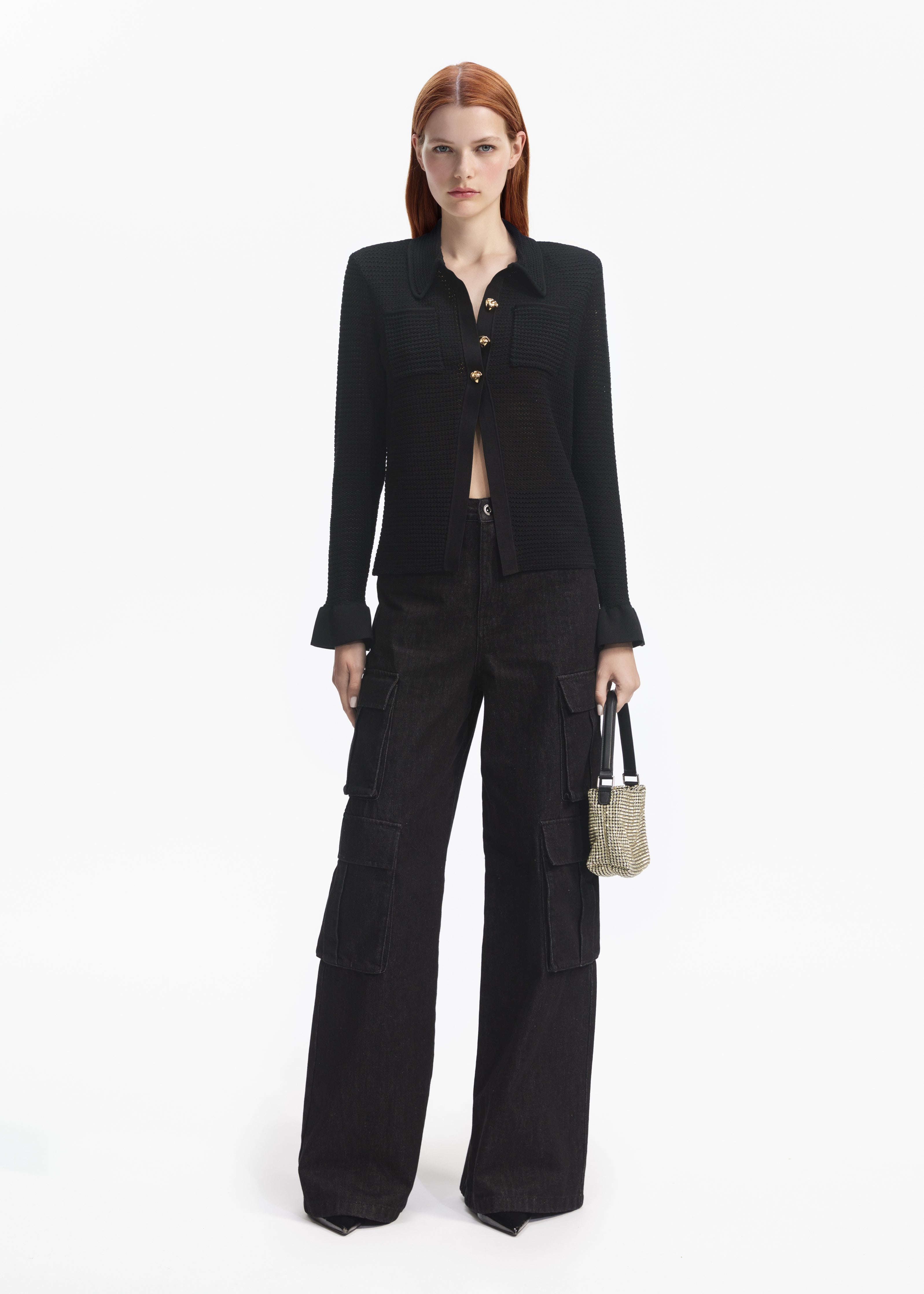 Black Sequin Pointelle Knit Top