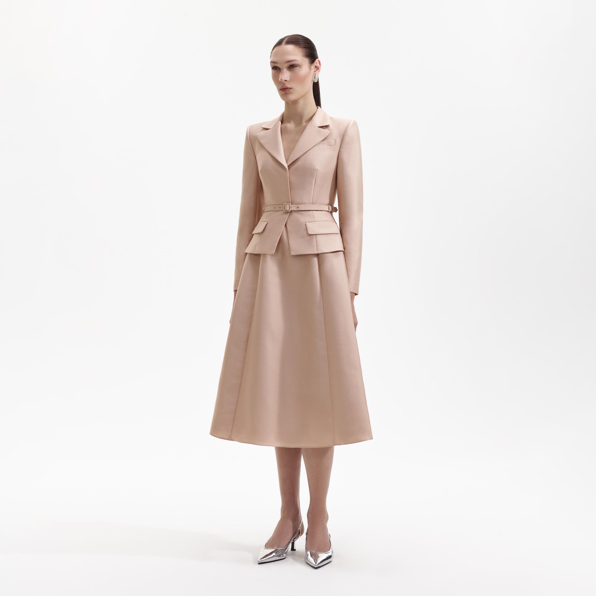 Side view of a woman wearing the Tailored Taffeta Midi Dress