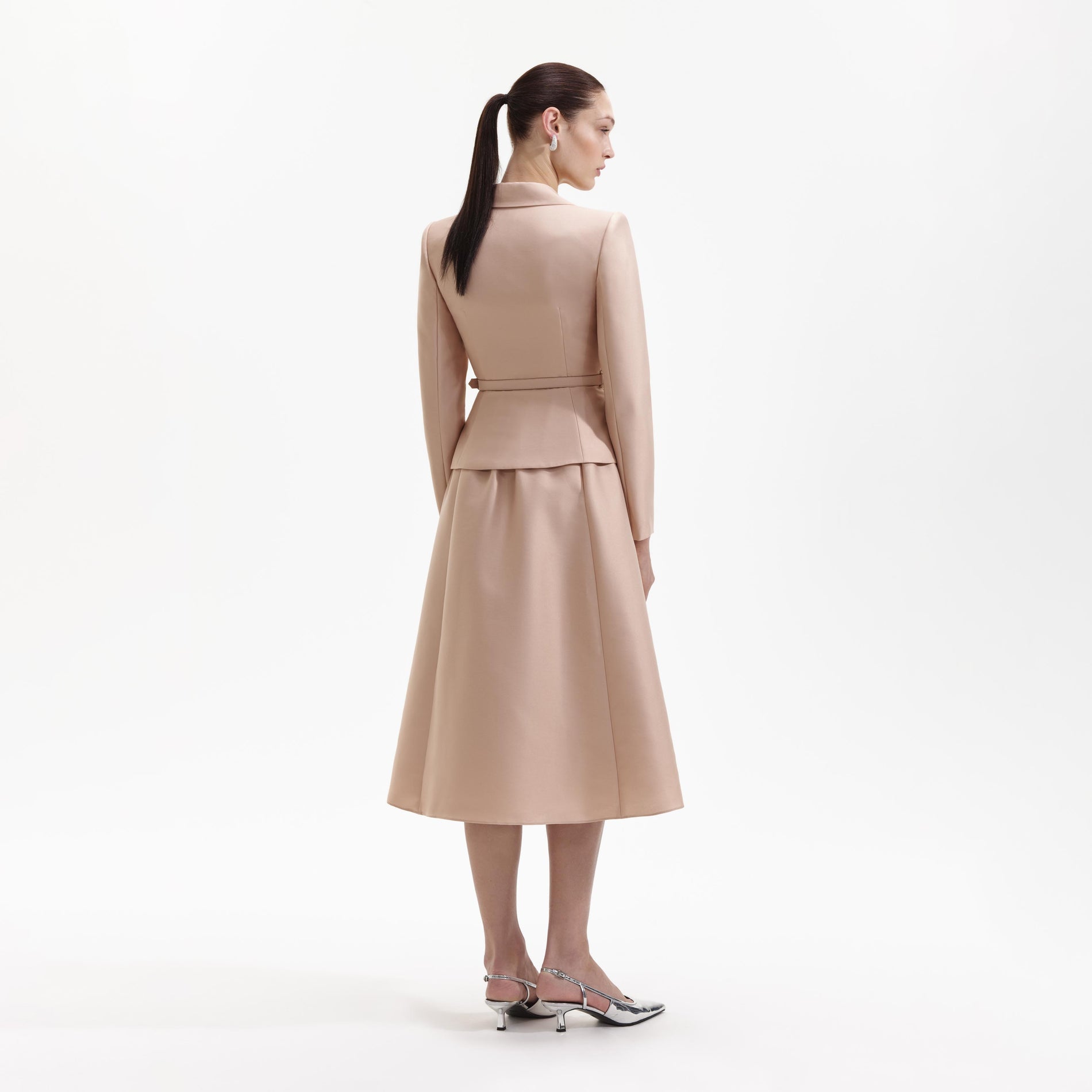 Back view of a woman wearing the Tailored Taffeta Midi Dress