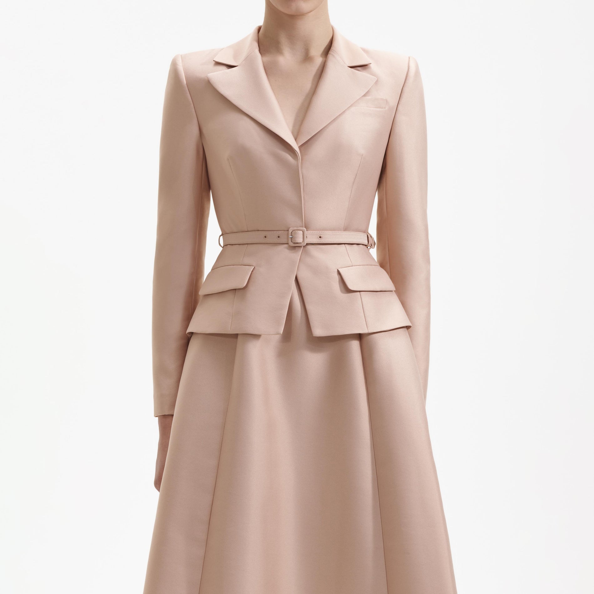 A close up of a woman wearing the Tailored Taffeta Midi Dress