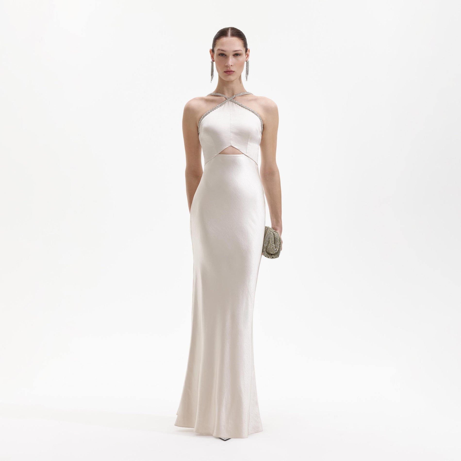 Front view of a woman wearing the Champagne Satin Diamante Maxi Dress