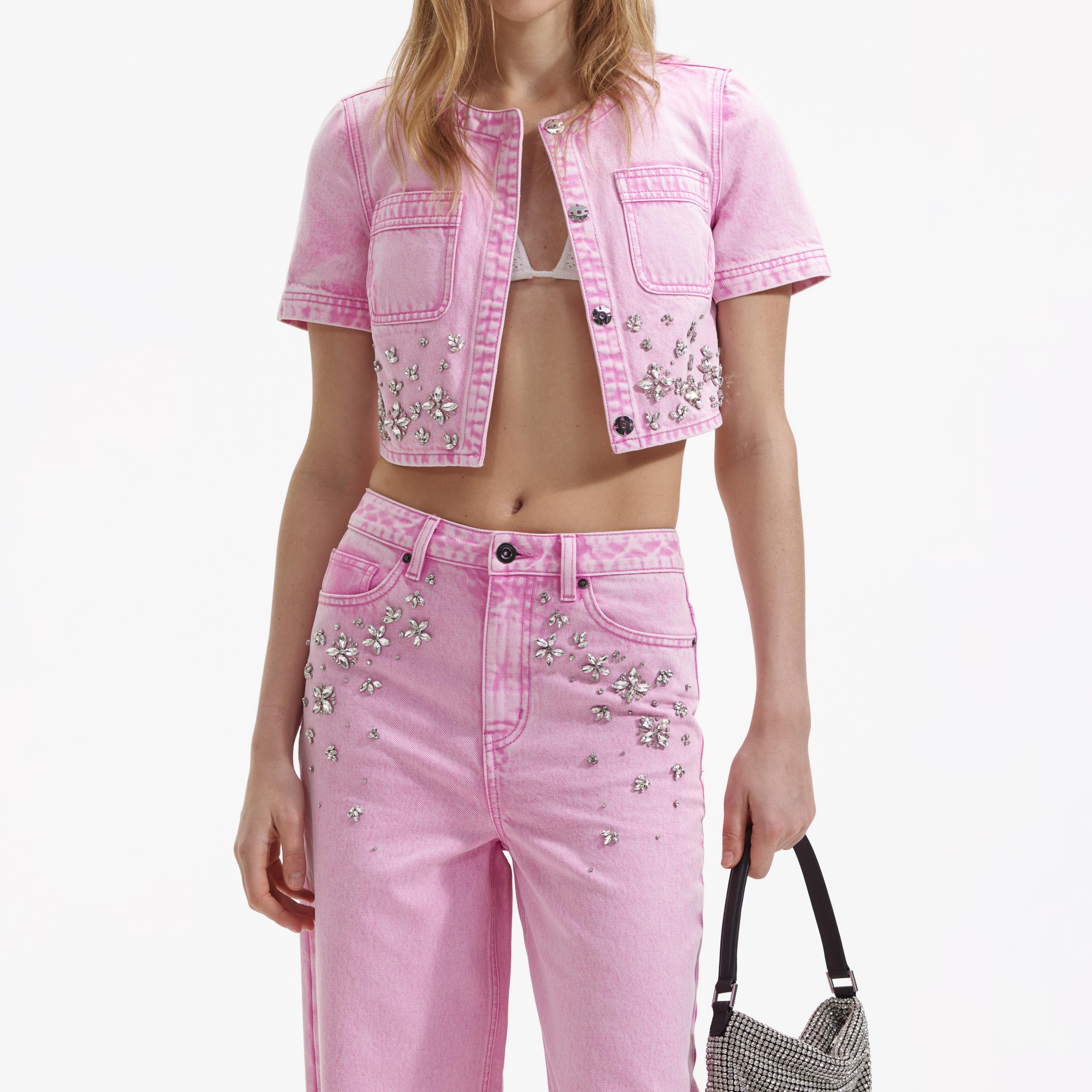 Pink Embellished Denim Top