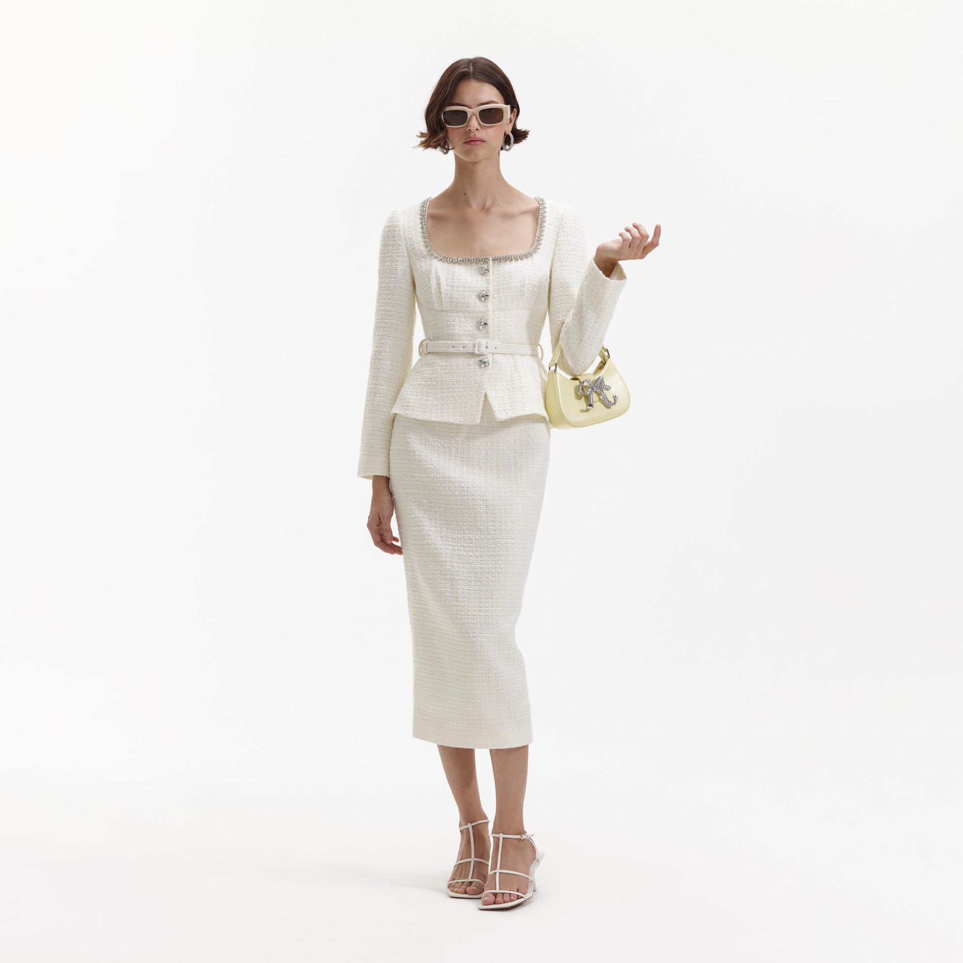 Front view of a woman wearing the Cream Boucle Diamante Trim Midi Dress